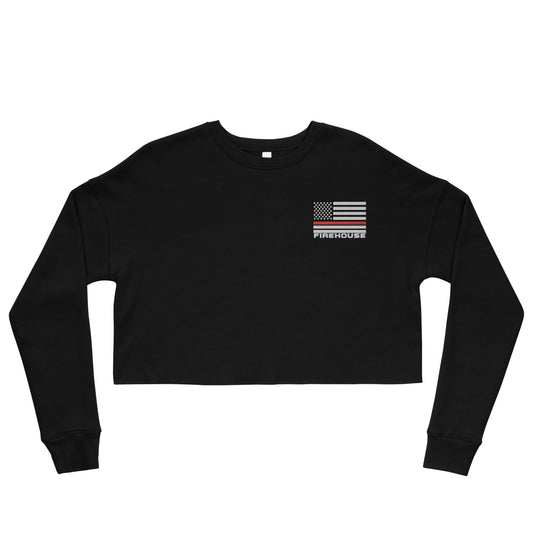 Firehouse black crop sweatshirt featuring American flag design for firefighter apparel and gifts.