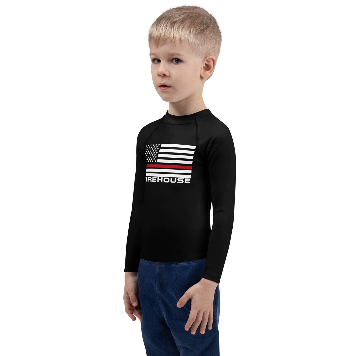 Black kids rash guard with American flag and "FIREHOUSE" logo, perfect for active play and sun protection.