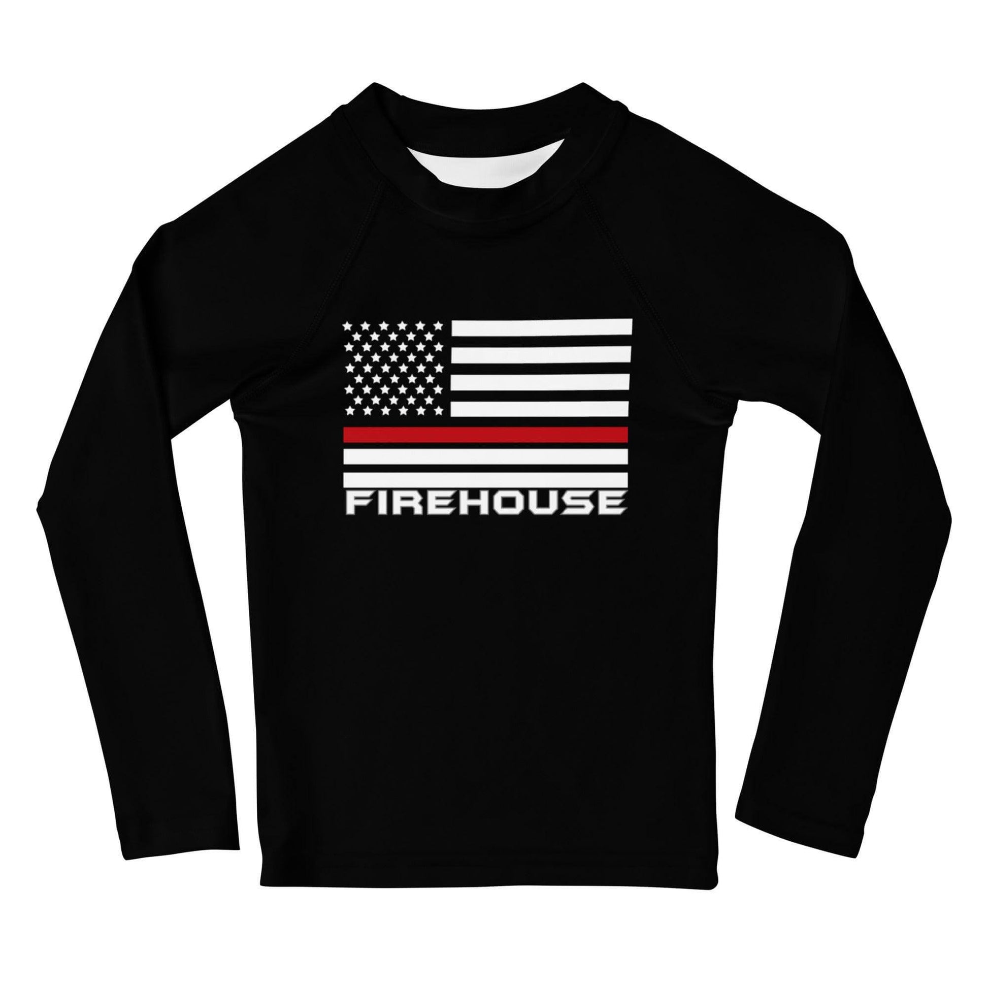 Kids rash guard featuring American flag and "FIREHOUSE" text, ideal for sun protection and active play.