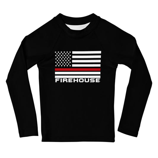 Kids rash guard featuring American flag and "FIREHOUSE" text, ideal for sun protection and active play.