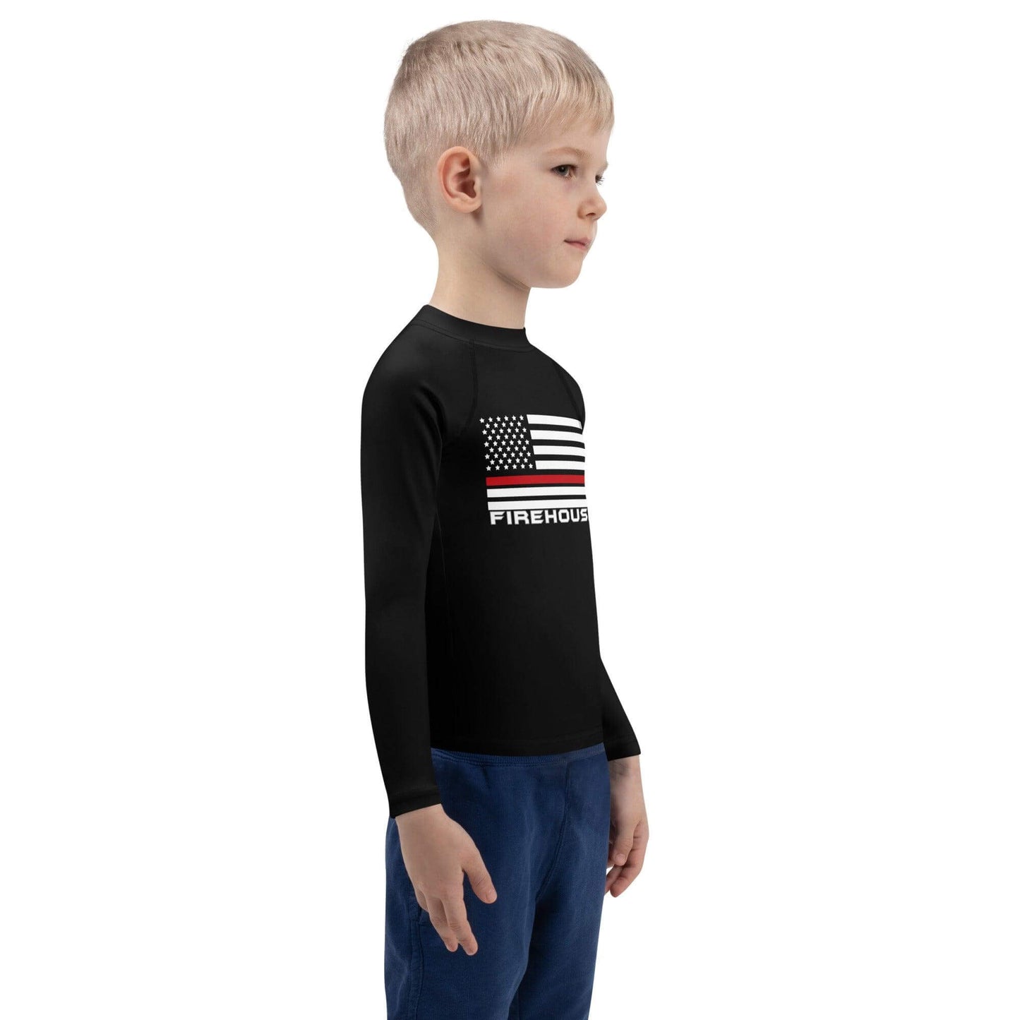 Kids rash guard featuring a firehouse design, perfect for protecting young ones during outdoor activities.