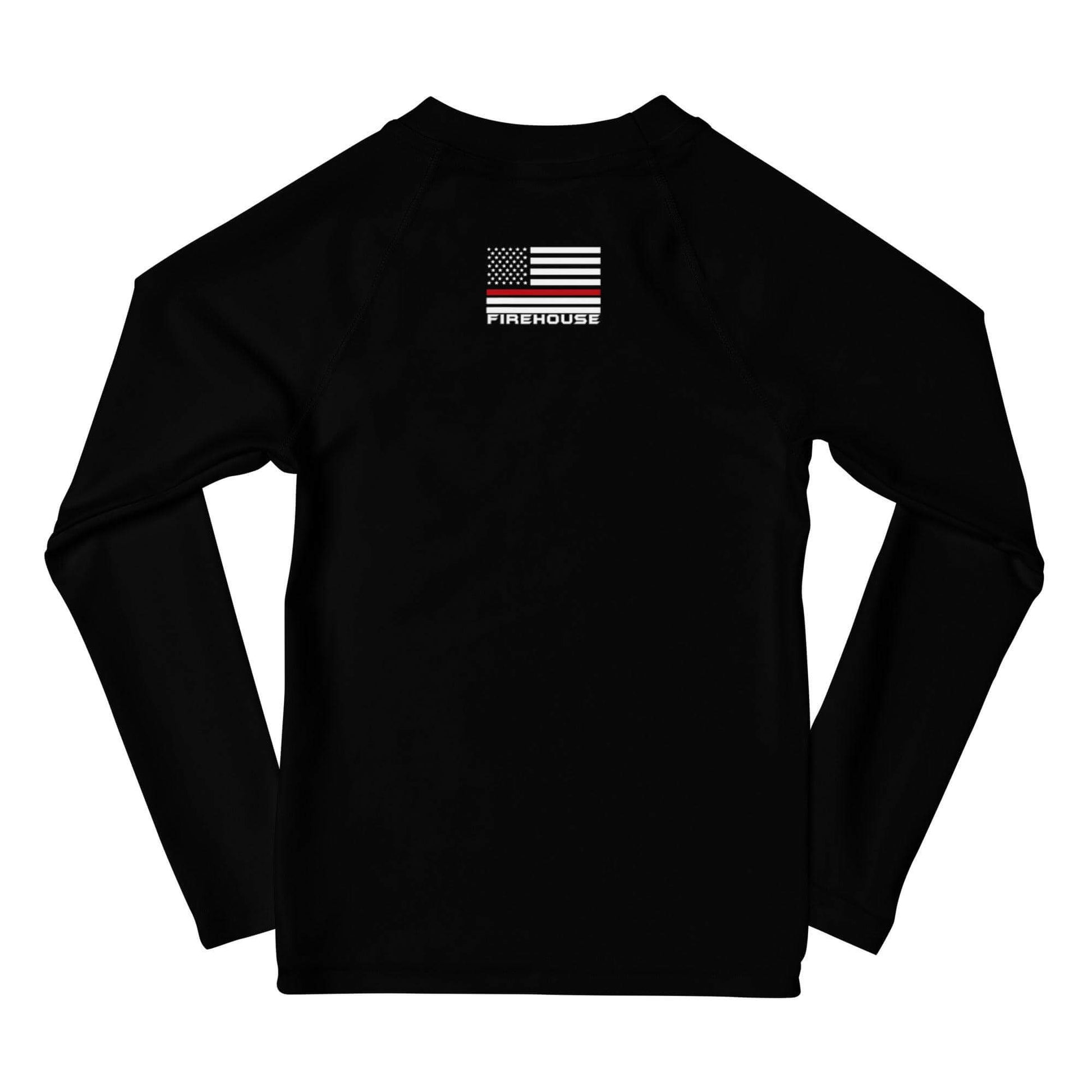 Black kids rash guard with American flag and "FIREHOUSE" logo for active beach play and sun protection.