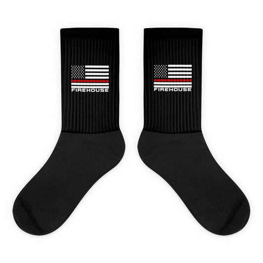 Black socks featuring an American flag and "FIREHOUSE" logo, ideal firefighter apparel and gifts.