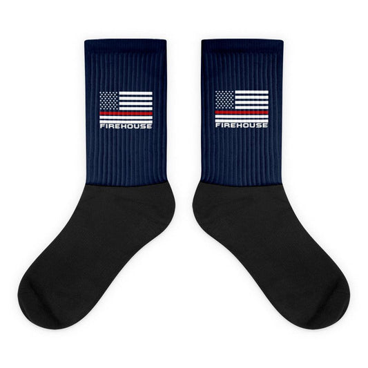 Firehouse branded socks in black and blue with American flag design, cushioned bottom for comfort, ideal firefighter gifts.