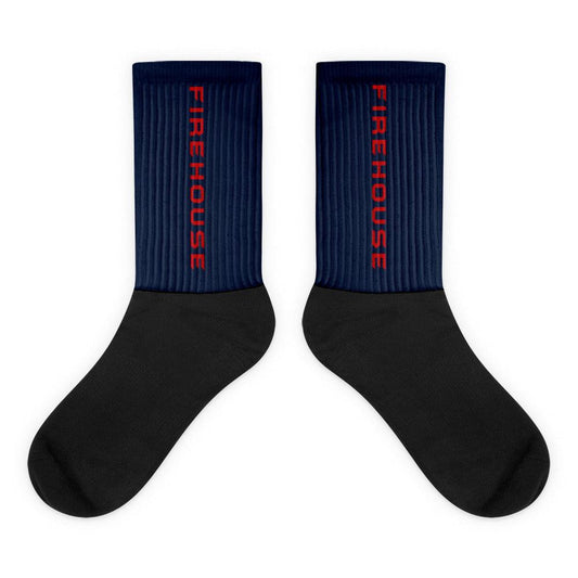 Firehouse branded socks in black and blue with red lettering, cushioned bottom, ideal firefighter apparel gift.