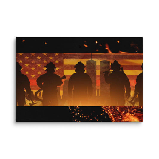 Firehouse "Bravest" tribute canvas wall art featuring firefighters silhouetted against an American flag and Twin Towers backdrop.