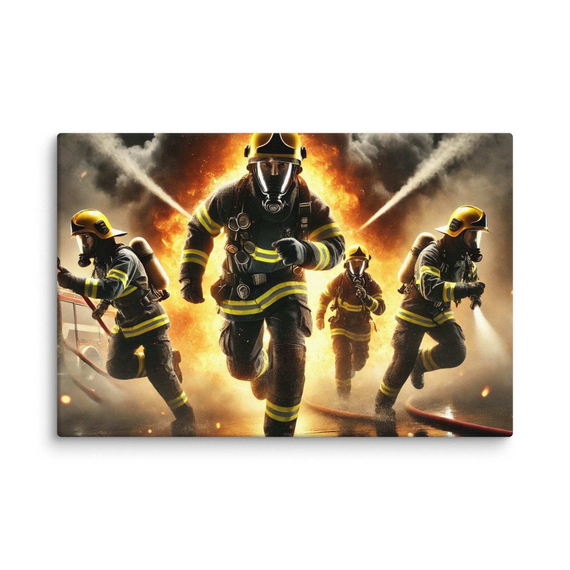 Firehouse "Bravest in Action" canvas depicting heroic firefighters battling flames in action. Perfect firefighter gift.