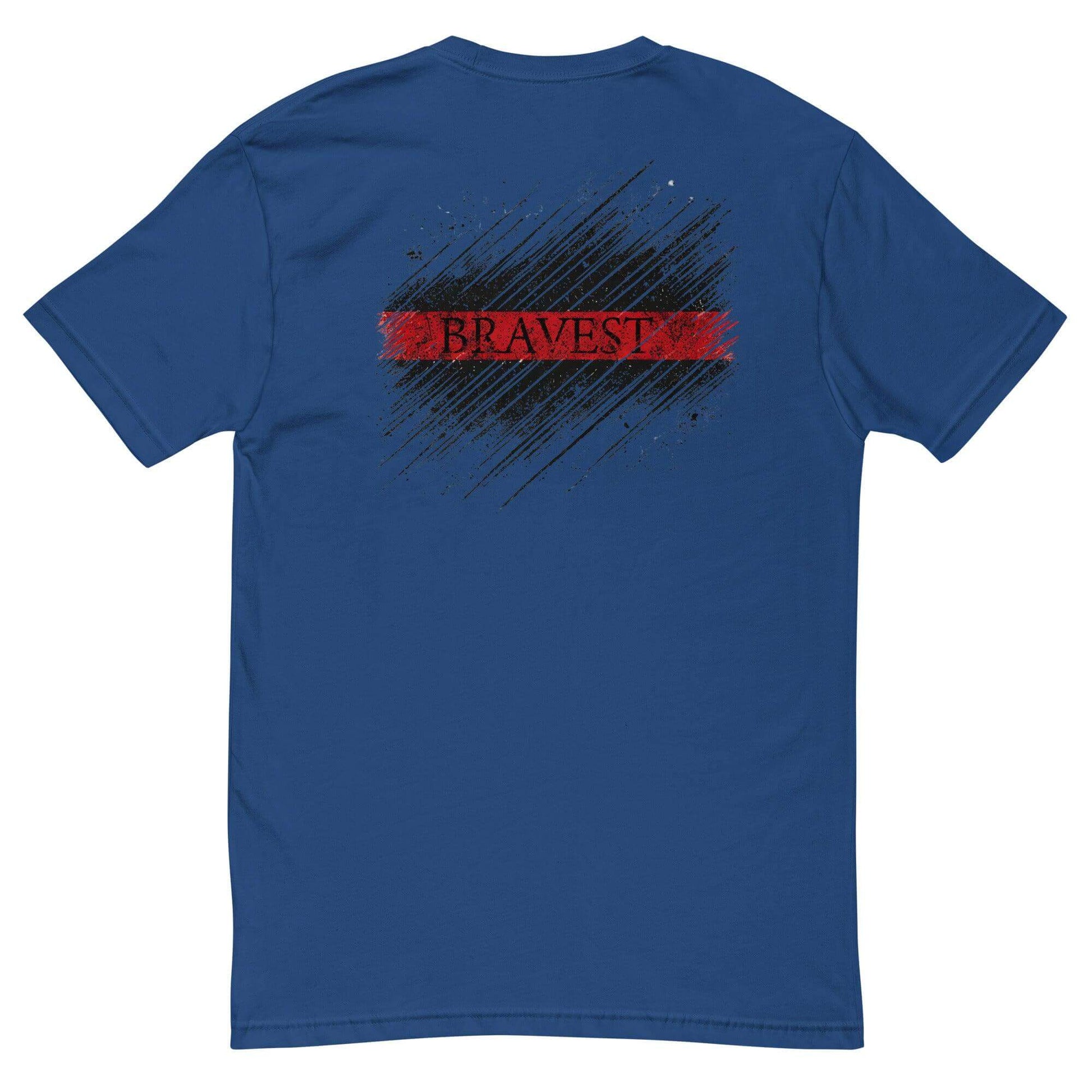 Bravest firefighter t-shirt in blue with a bold red and black design on the back, perfect for firefighter gear and gifts.