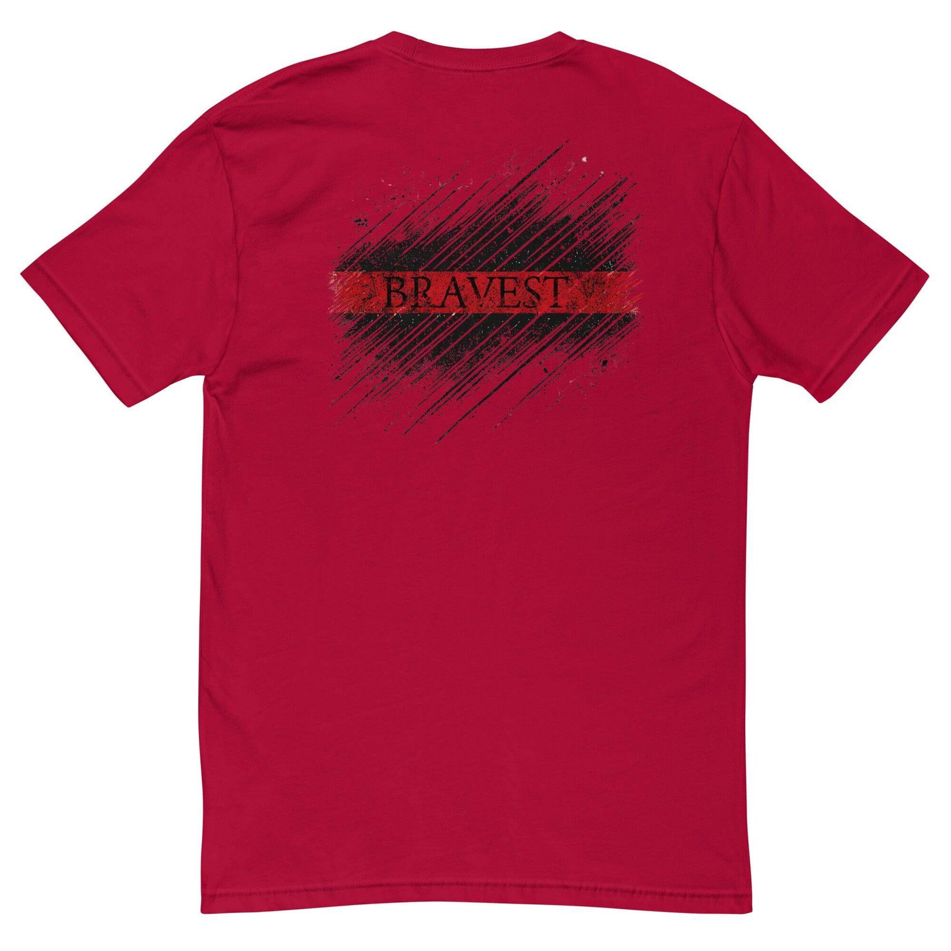 Red short sleeve t-shirt with "BRAVEST" graphic design on the back, perfect for firefighter apparel and gifts.