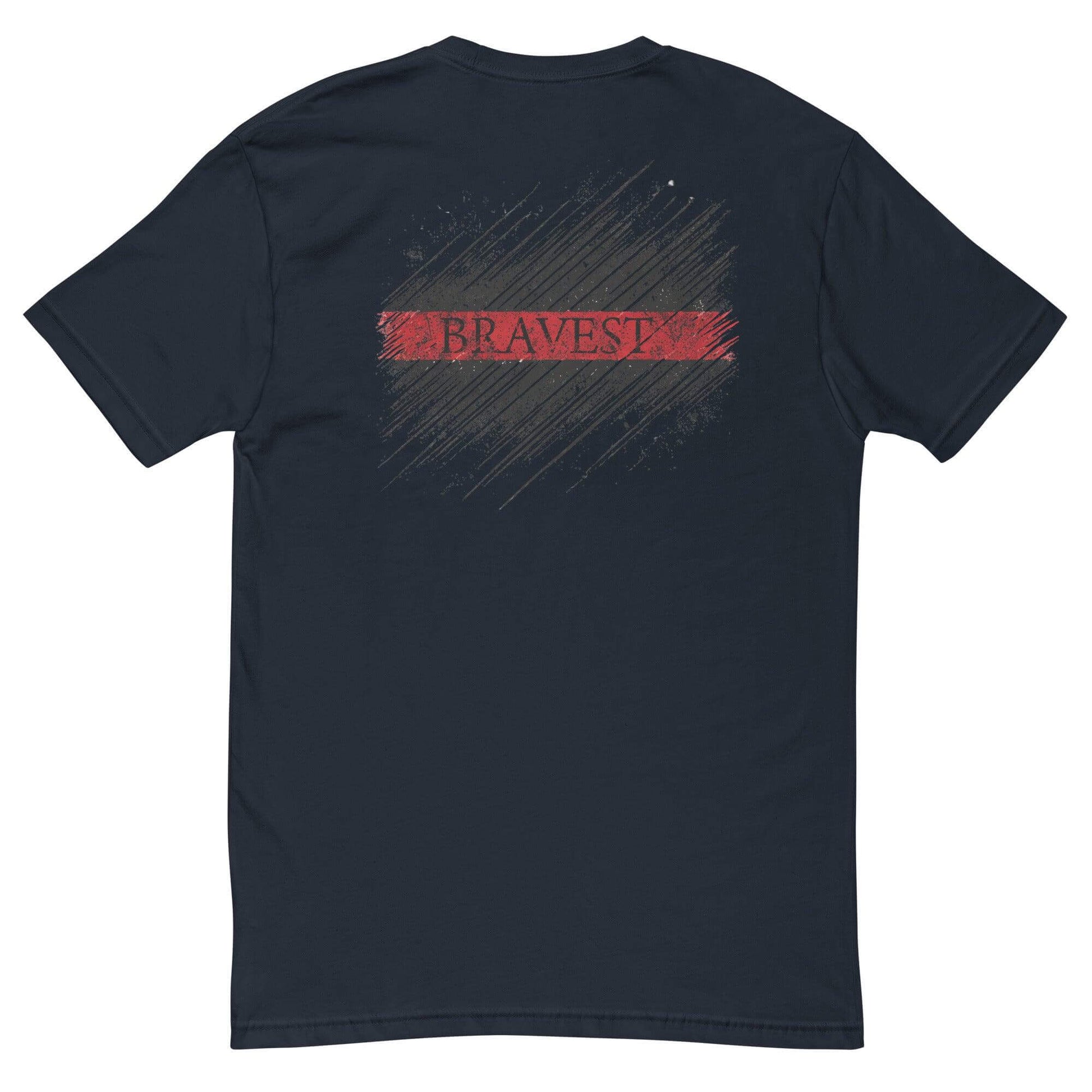 Short sleeve t-shirt featuring "Bravest" graphic on the back, perfect for firefighter apparel and gifts.