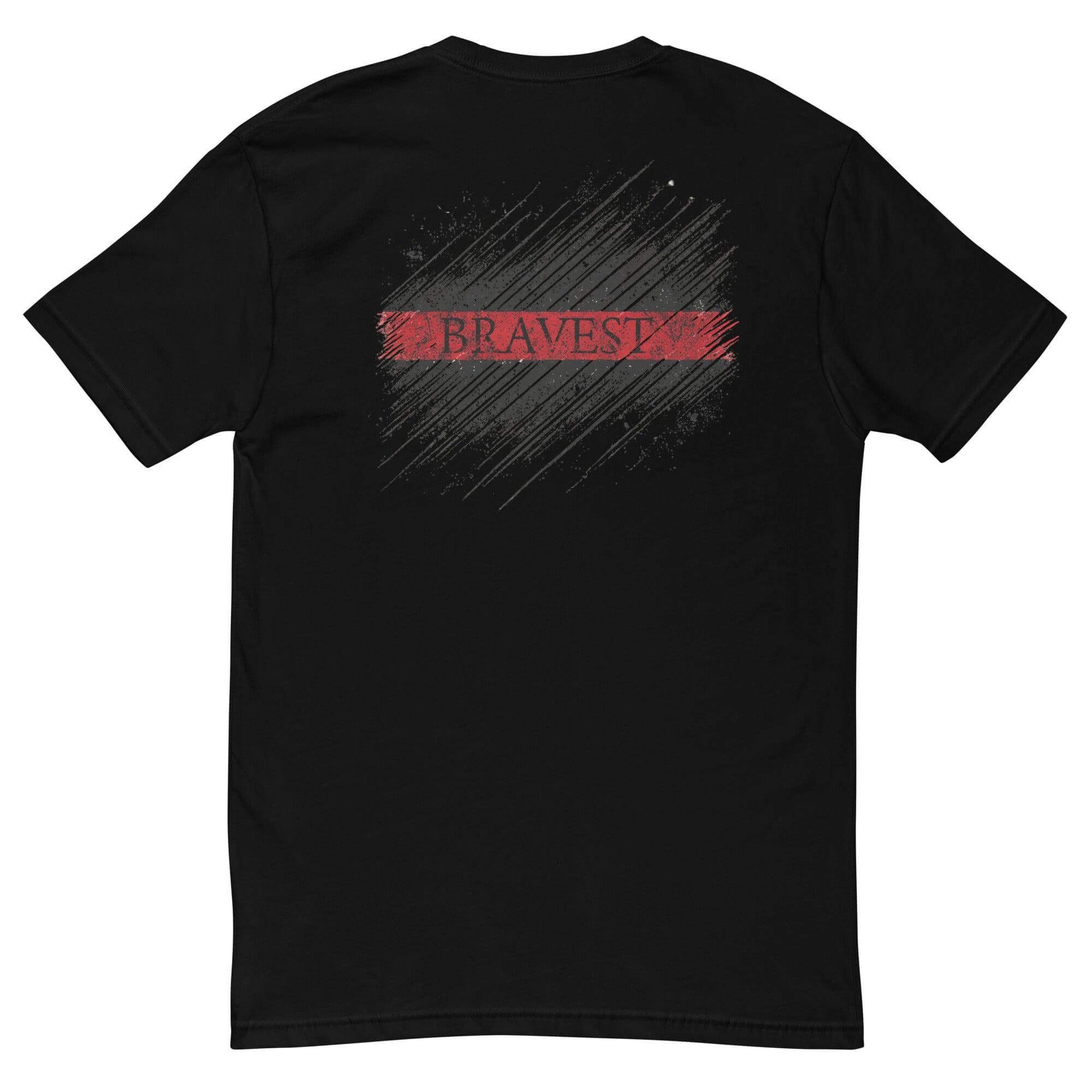 Black short sleeve t-shirt featuring a bold "BRAVEST" graphic, perfect for firefighter gifts and apparel.