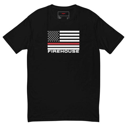 Black short sleeve t-shirt featuring a firehouse graphic and American flag, perfect firefighter apparel and gifts.