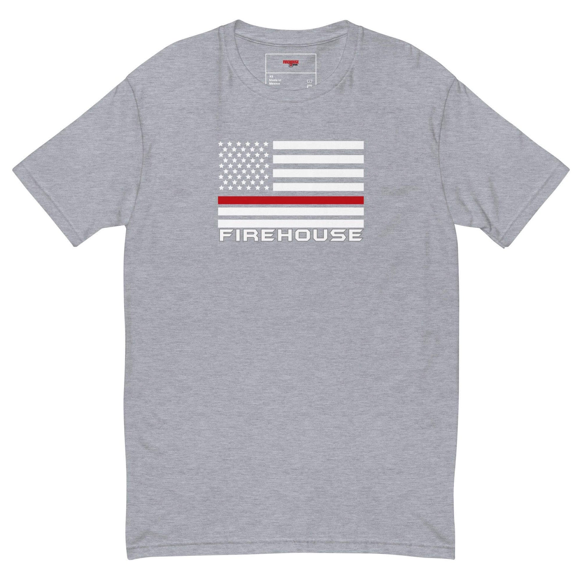 Heather Grey short sleeve t-shirt featuring American flag design and "FIREHOUSE" text, perfect for firefighter apparel.