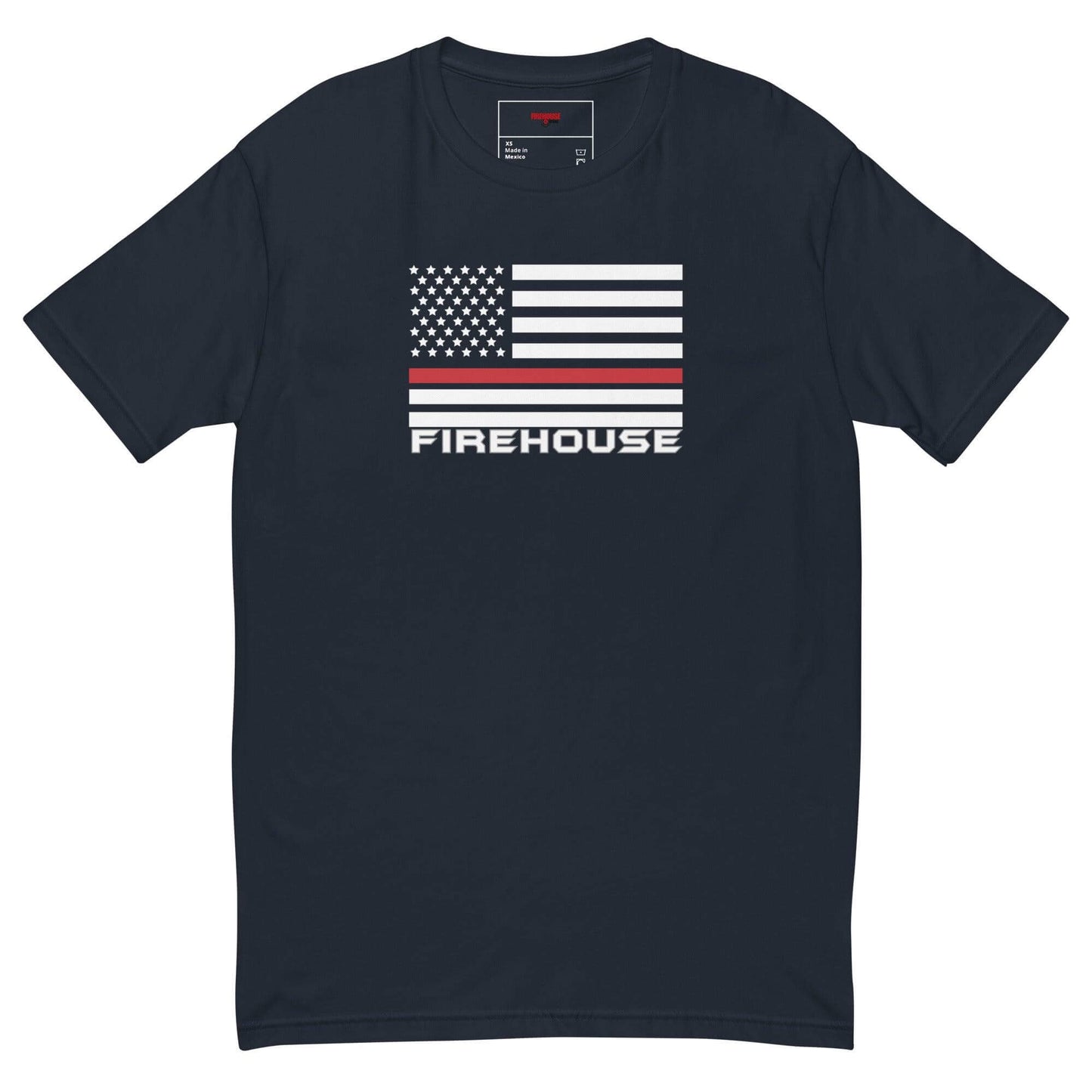 Firehouse graphic t-shirt featuring American flag design, perfect for firefighter apparel and gifts.