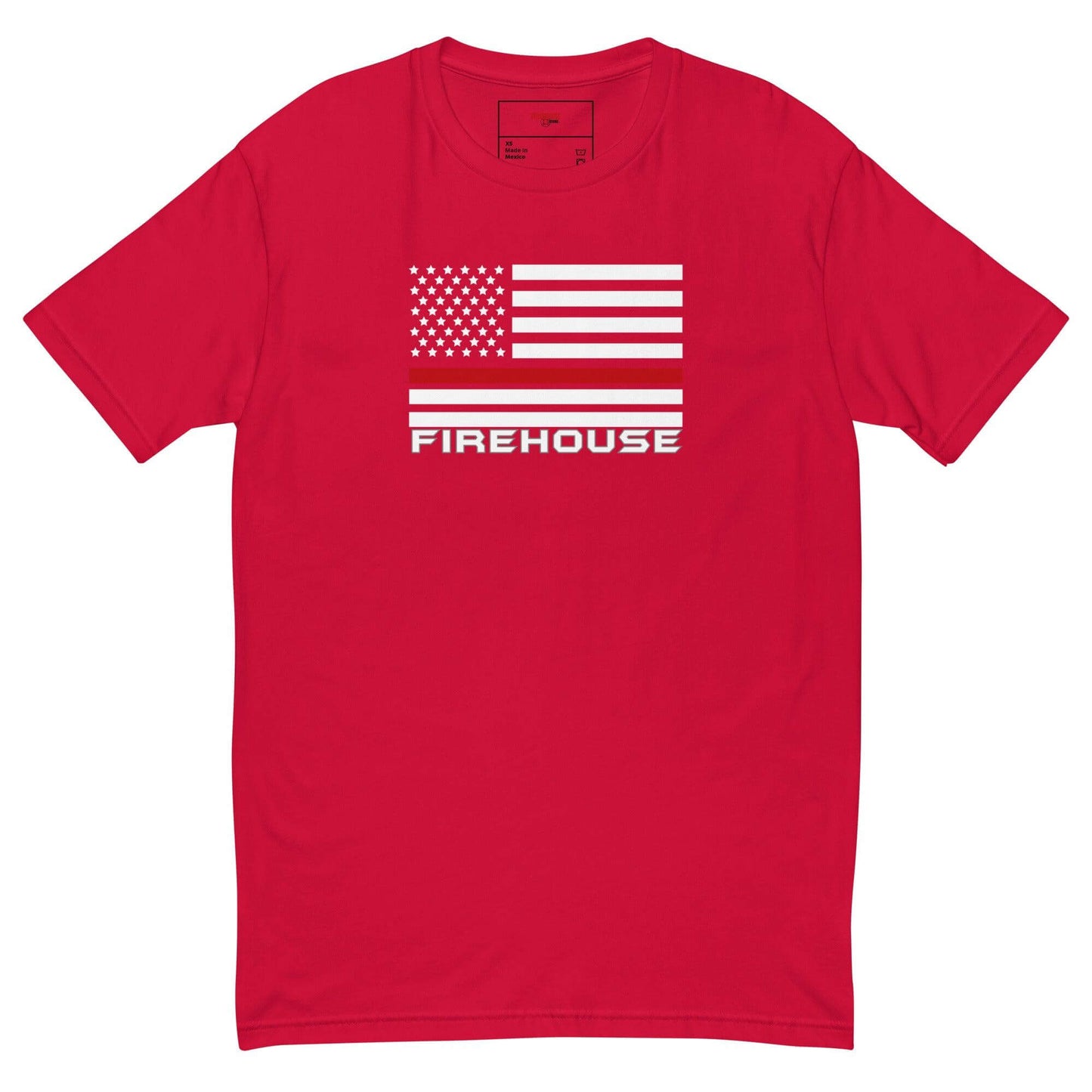 Red short sleeve t-shirt featuring American flag and "FIREHOUSE" graphic for firefighter apparel and gifts.