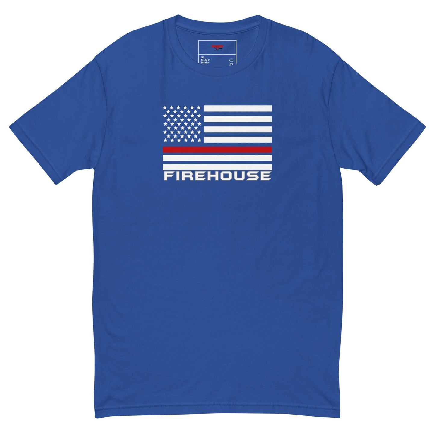 Blue short sleeve t-shirt featuring American flag design with "FIREHOUSE" text, perfect for firefighter apparel and gifts.