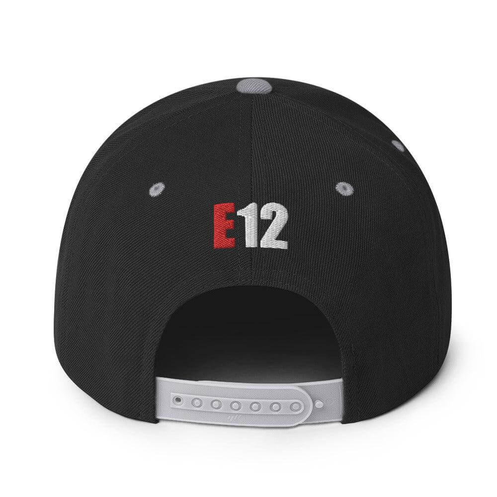 Back view of a black snapback hat with embroidered "E12" logo and adjustable snap closure, perfect for firefighter apparel.