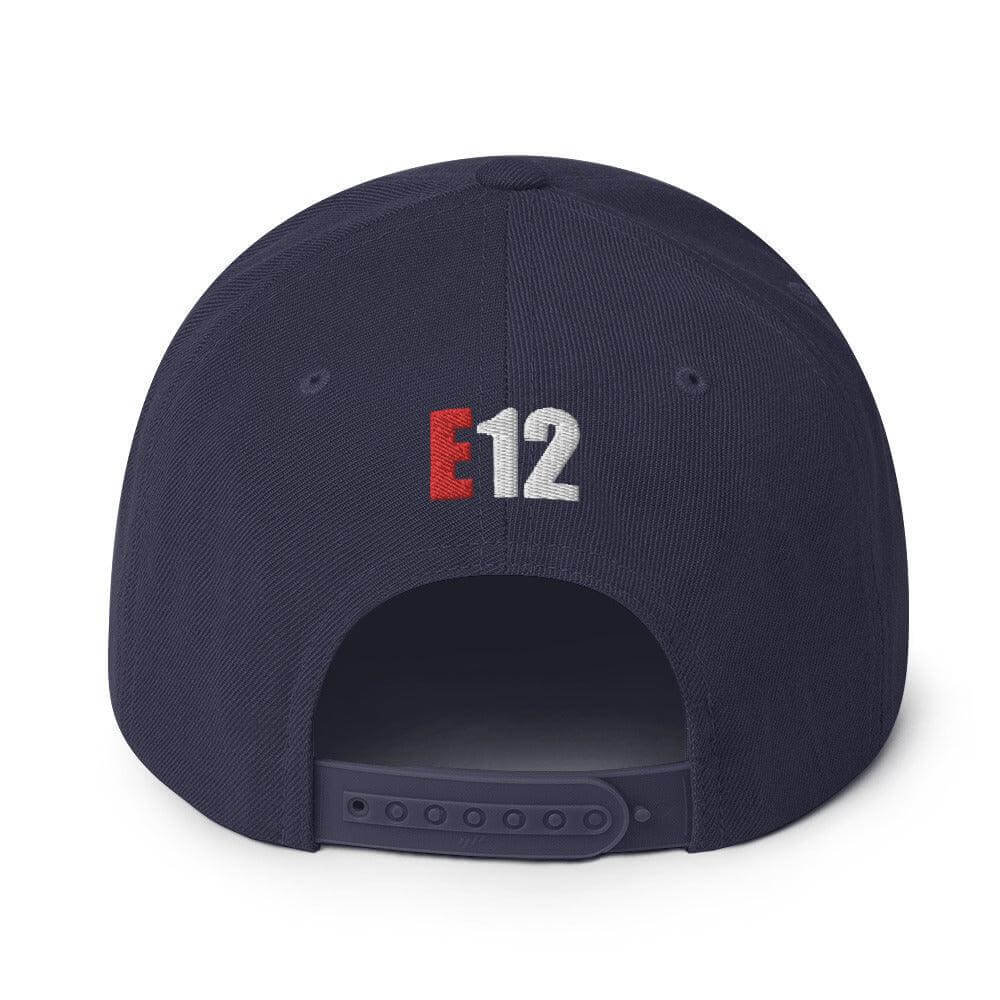 Back view of snapback hat featuring embroidered "E12," perfect for firefighter apparel and gifts.