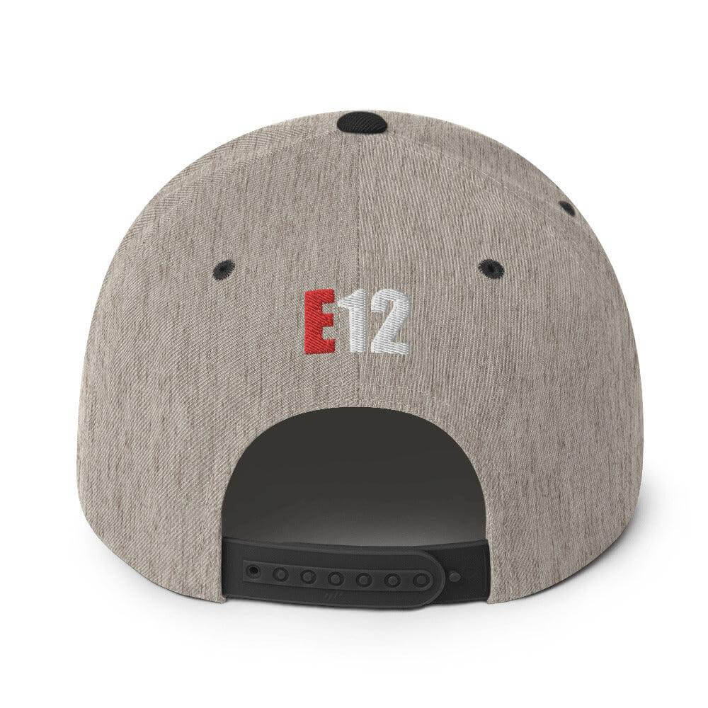 Back view of a structured snapback hat with embroidered "E12" logo and adjustable snap closure, ideal for firefighter apparel.