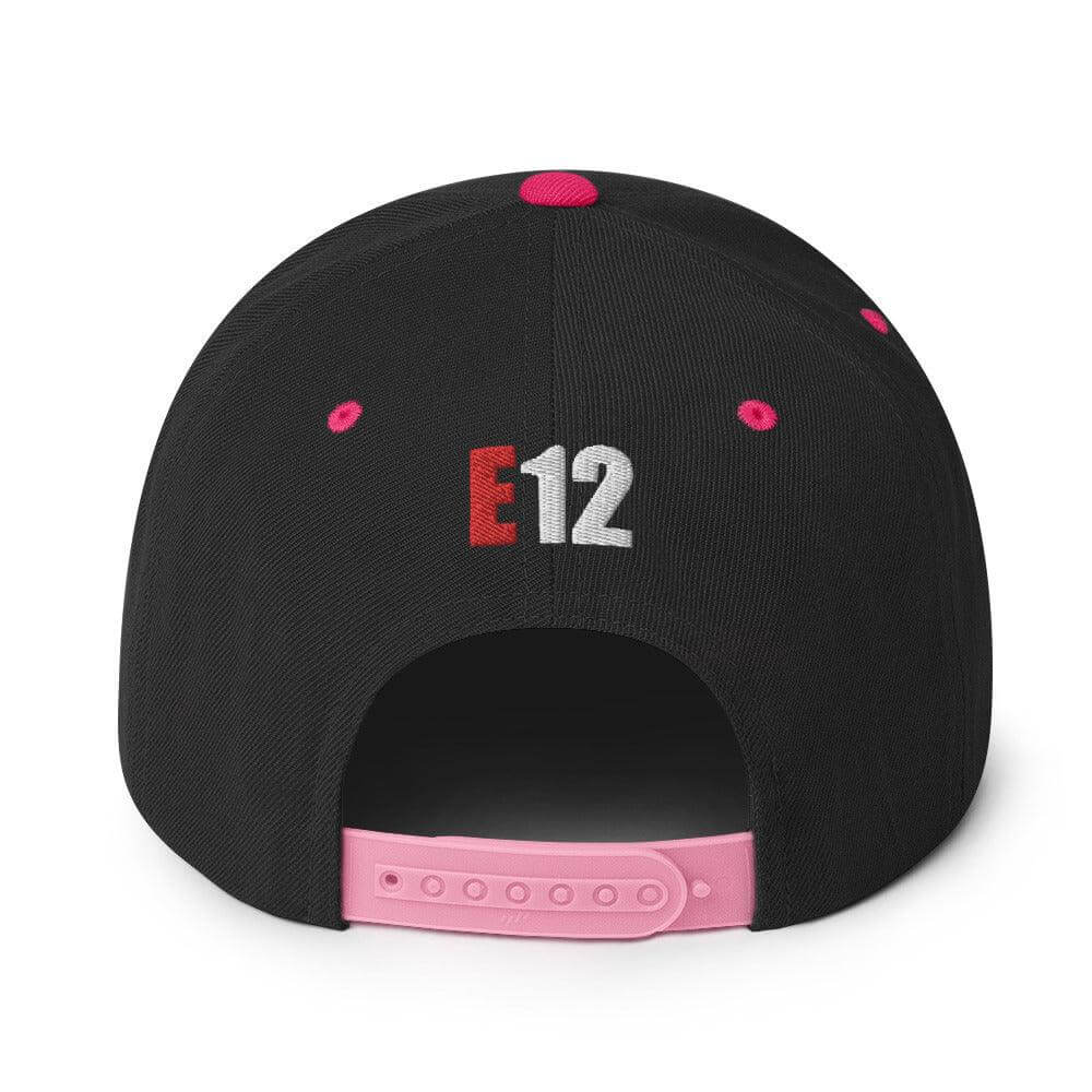 Back view of a black snapback hat with pink snap closure and embroidered E12, ideal for firefighter apparel and gifts.