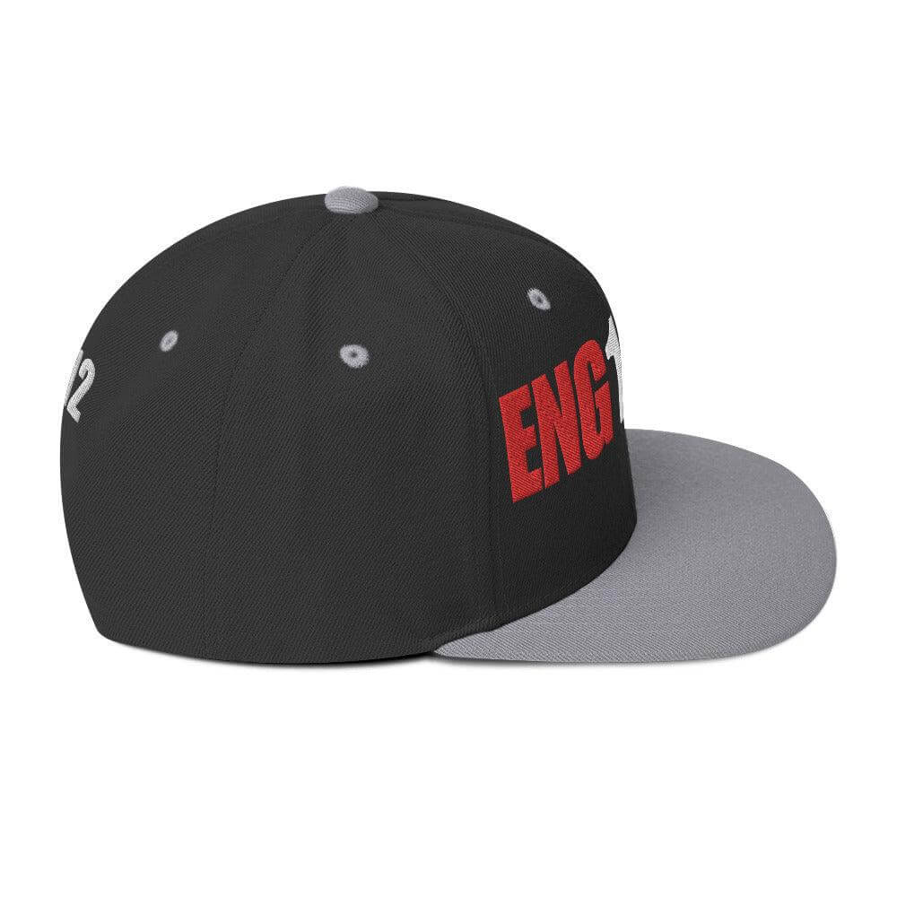 Snapback hat in black with red lettering and gray brim, perfect for firefighter apparel and gifts.