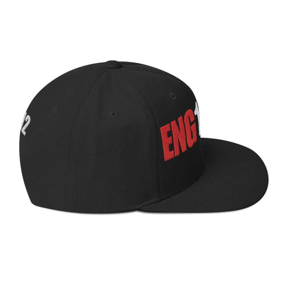 Side view of a black snapback hat with "ENG12" embroidered, ideal firefighter gift and apparel for firehouse gear.