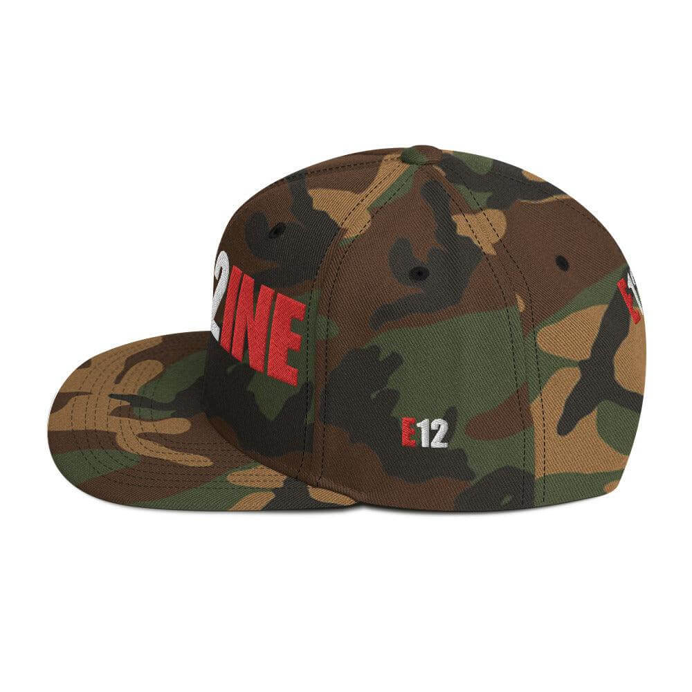Green camo snapback hat with structured fit, adjustable closure, perfect for firefighter apparel and gifts.