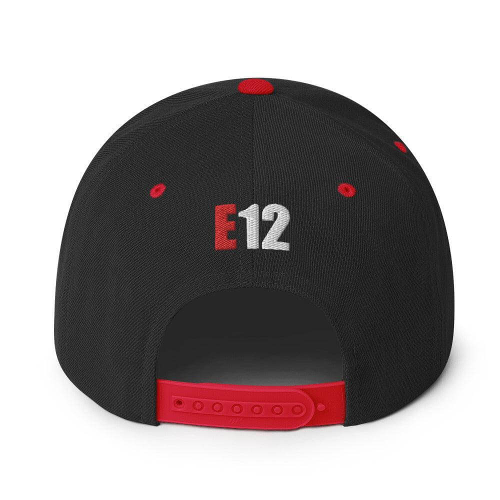 Back view of a black snapback hat featuring embroidered "E12" in red and white, adjustable snap closure for comfort.