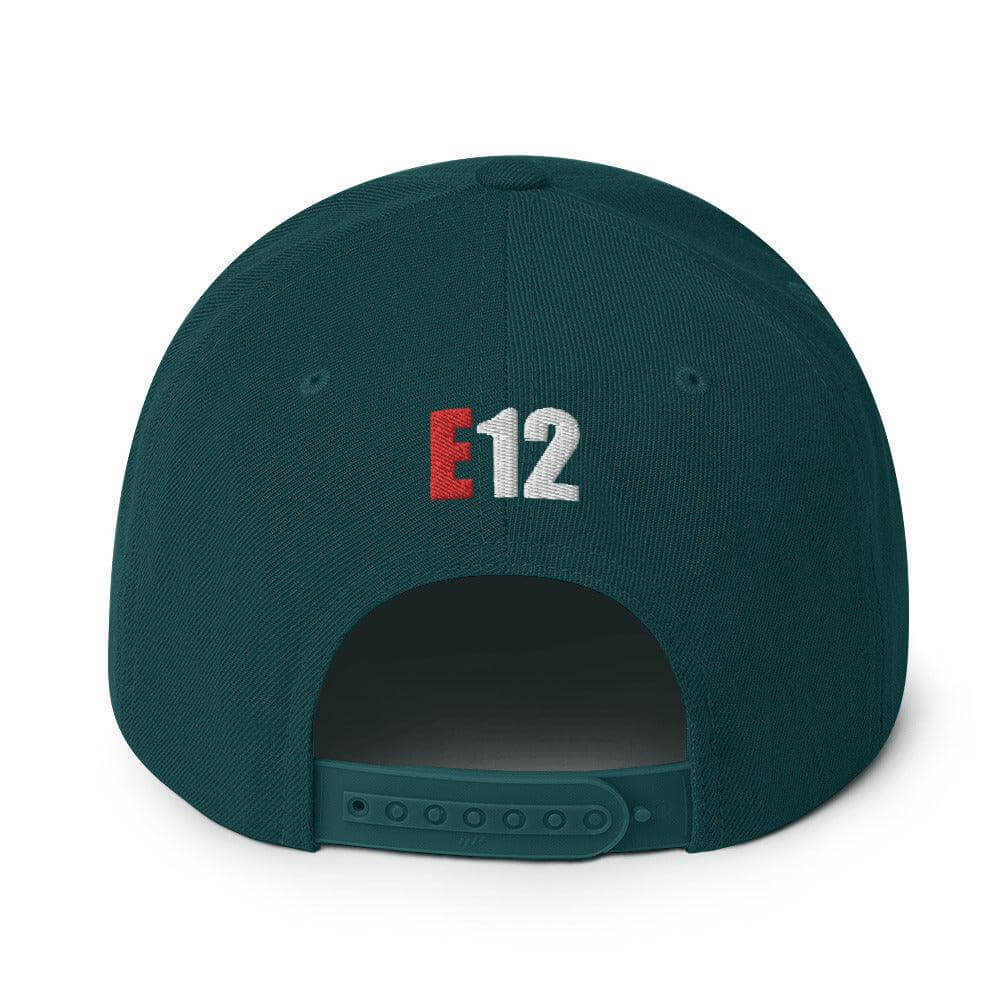 Back view of a structured snapback hat in dark green with embroidered "E12" and adjustable snap closure, ideal firefighter apparel.
