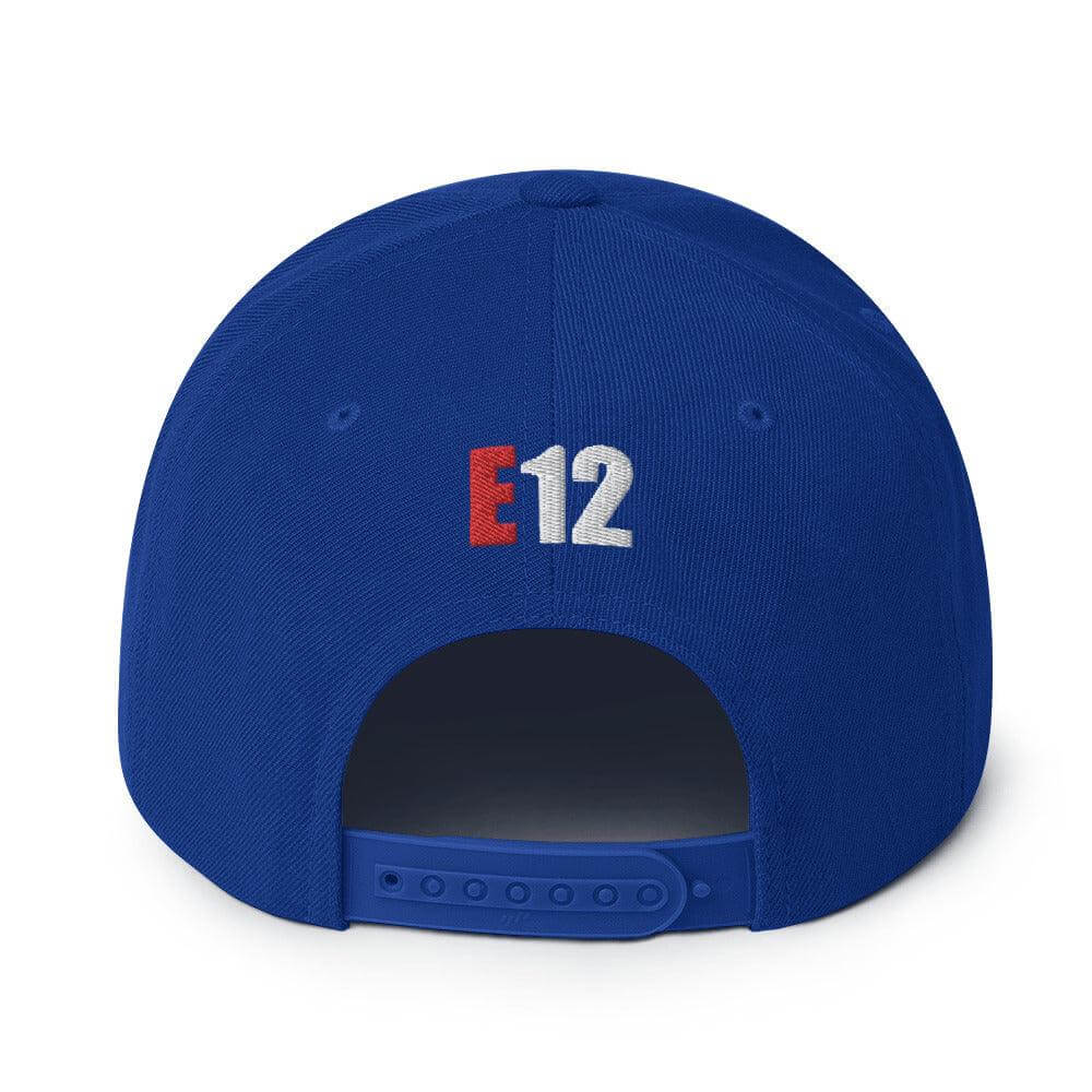 Back view of a blue snapback hat featuring the embroidered text 'E12' and adjustable snap closure. Perfect for firefighter apparel.