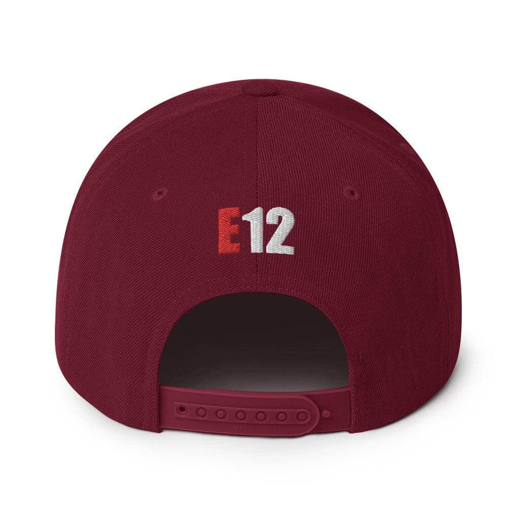 Back view of maroon snapback hat with embroidered "E12" design and adjustable plastic snap closure.