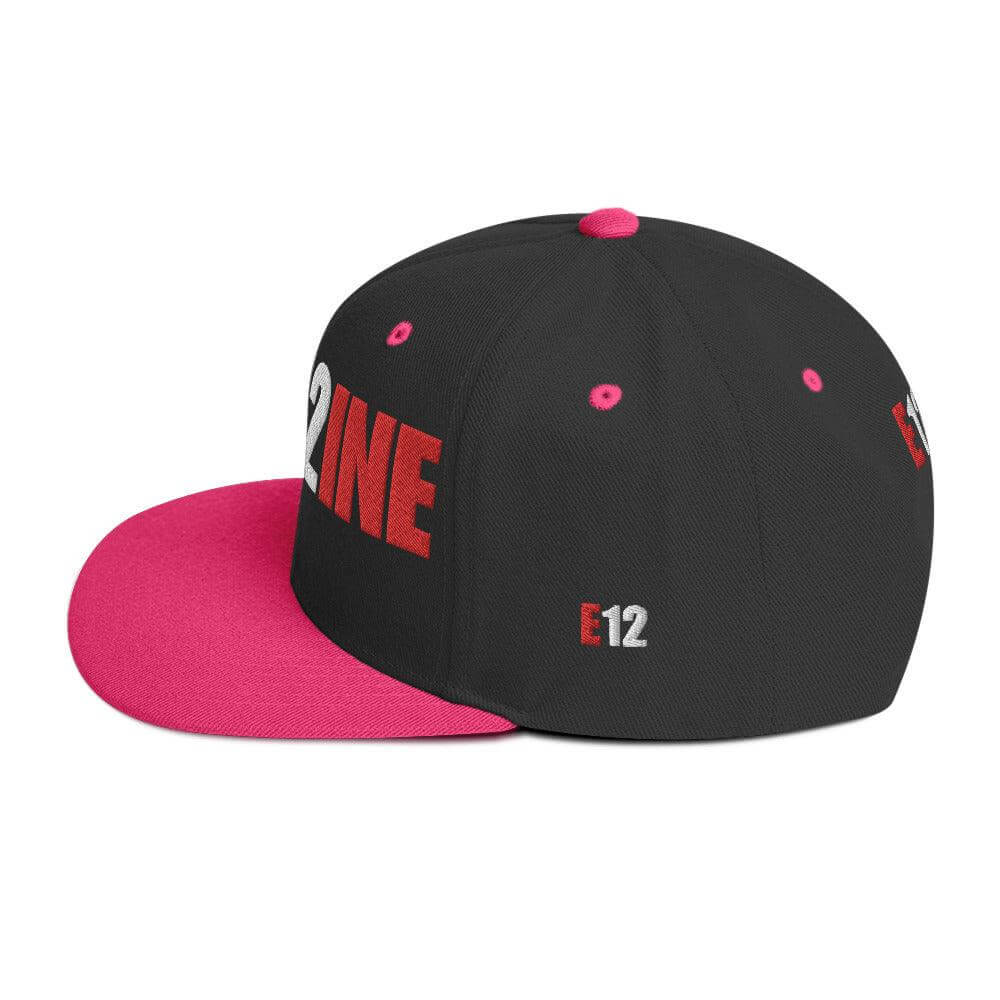 Black snapback hat with pink brim and firefighter-themed E12 design, perfect for firefighter gifts and apparel.