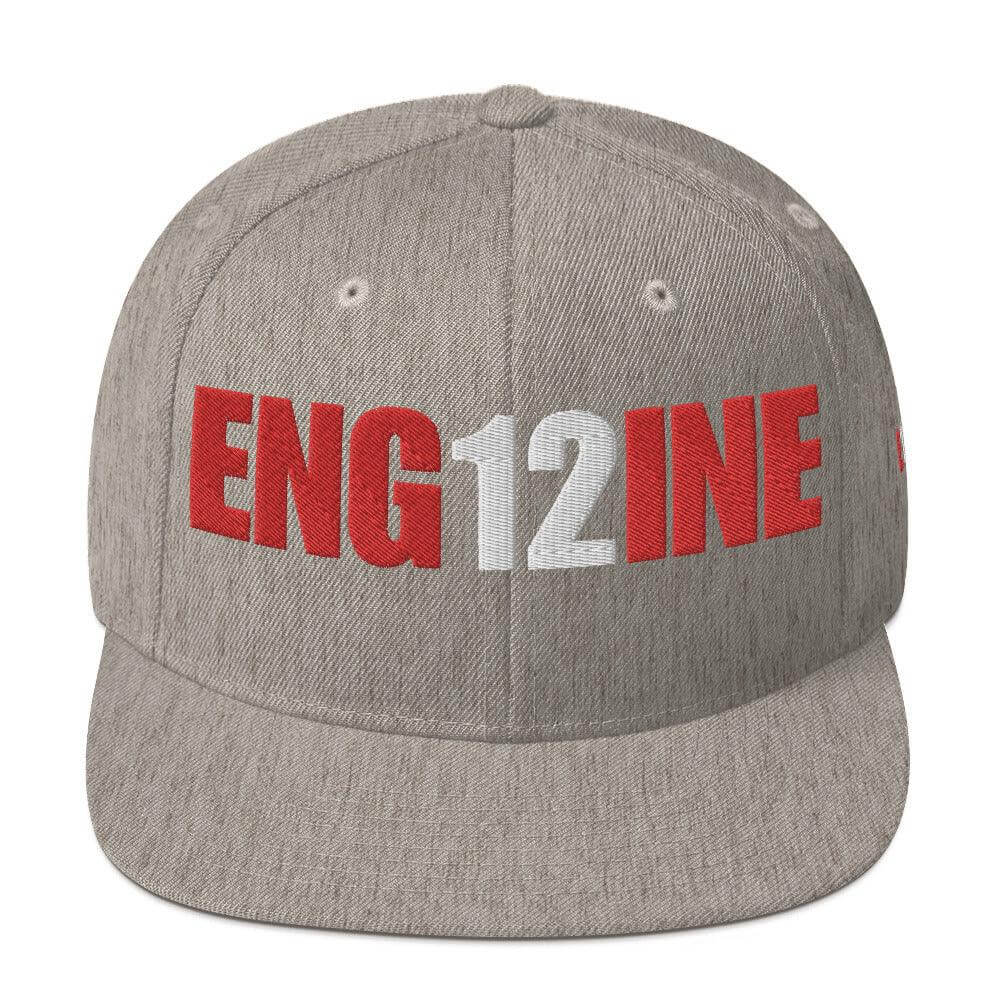 Snapback hat with "ENG12INE" embroidered in red and white, perfect for firefighter gifts and apparel.