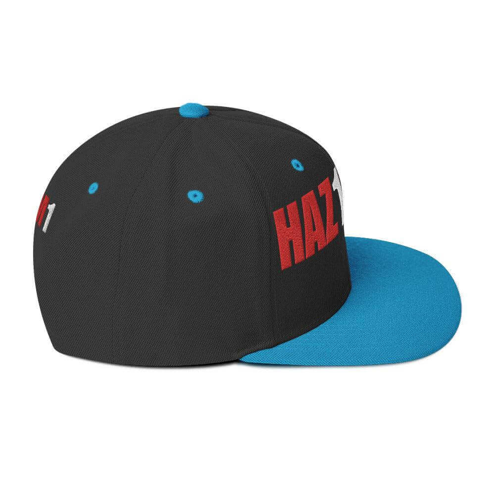 Black snapback hat with blue brim and red "HAZ" lettering, perfect for firefighter gifts and firehouse apparel.