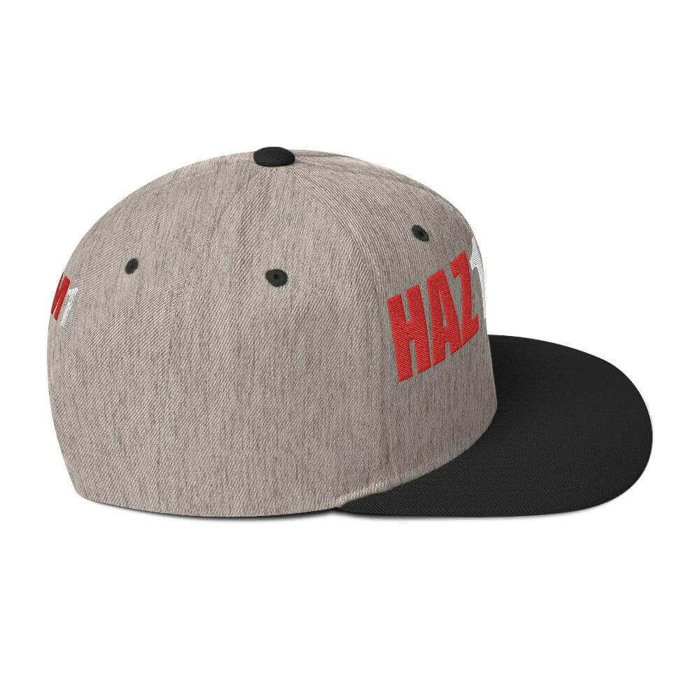 Snapback hat featuring 'HAZ' design, structured fit, and adjustable closure, perfect for firefighter apparel and gifts.