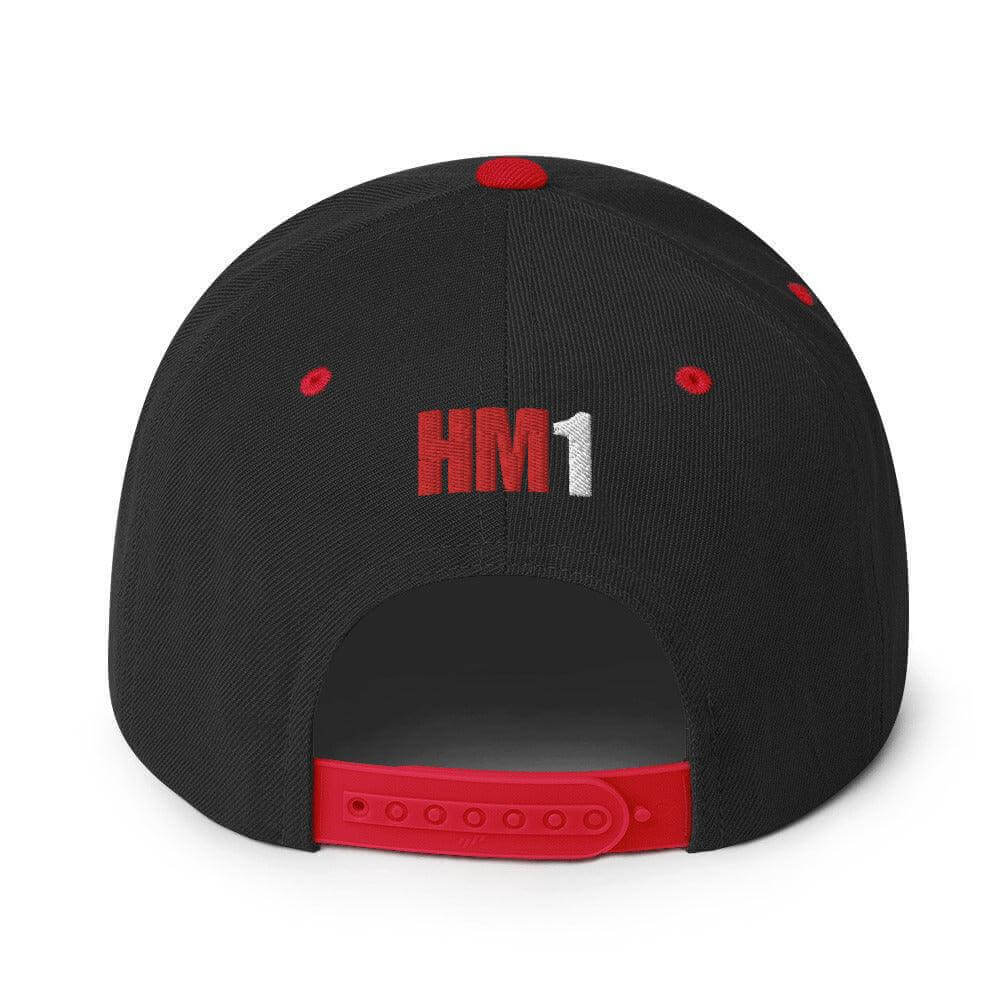 Black snapback hat with red accents and "HM1" embroidery on the back, ideal for firefighter apparel and gifts.