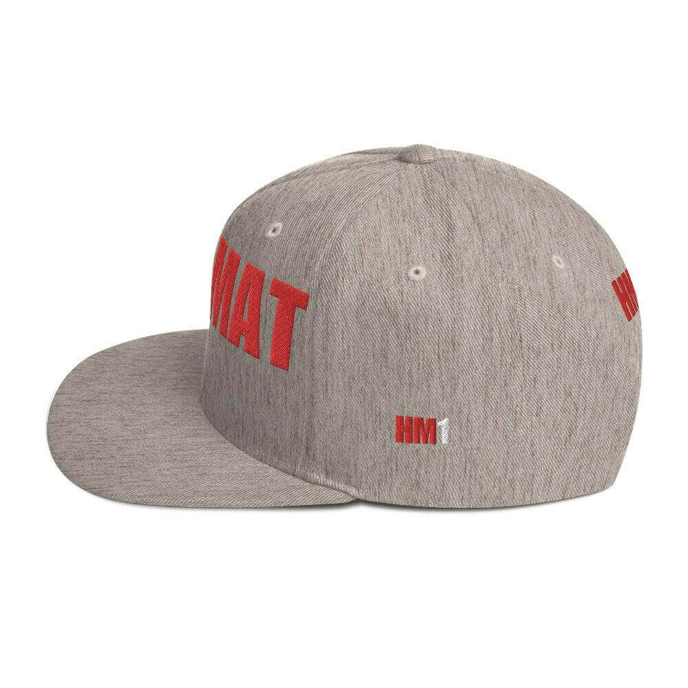 Structured snapback hat with flat brim, gray fabric and vibrant red lettering, ideal for firefighter apparel and gifts.