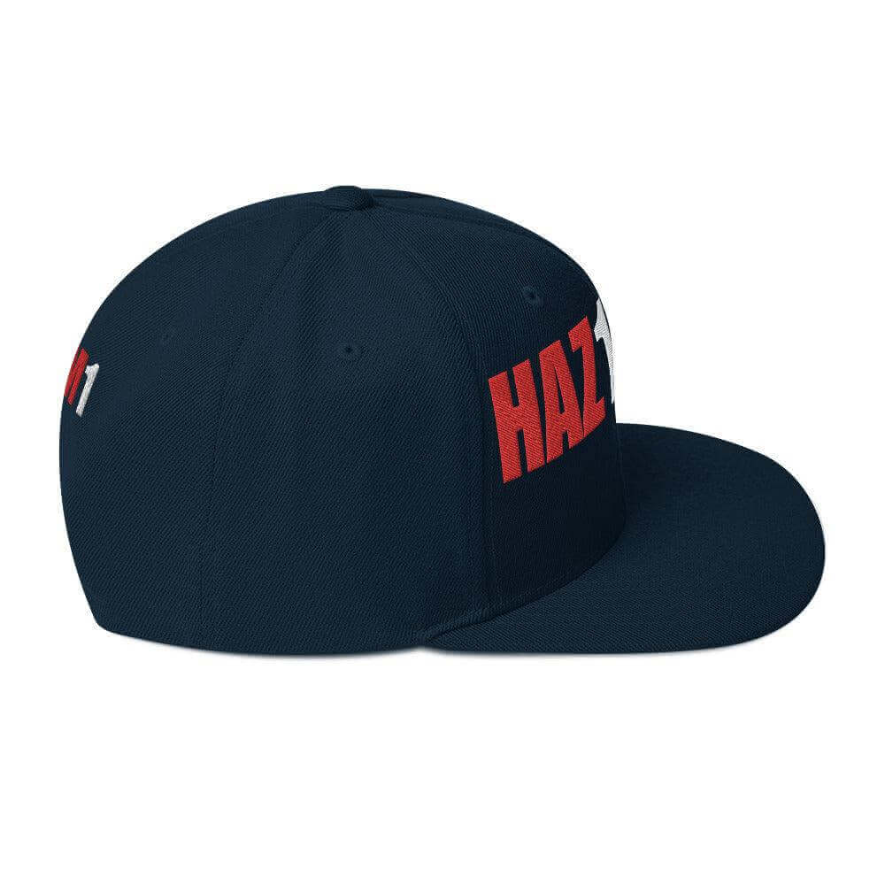 Navy snapback hat with "HAZ MAT" embroidered, perfect for firefighter gear and gifts.