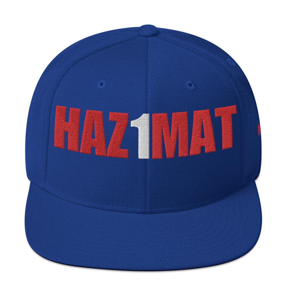 Blue snapback hat embroidered with "HAZ1MAT," perfect for firefighter gear and apparel.