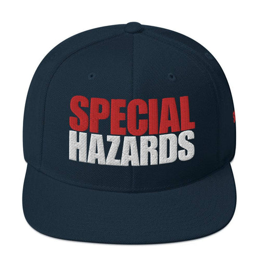 Snapback hat featuring "SPECIAL HAZARDS" in bold lettering, perfect for firefighter gear and firehouse gifts.