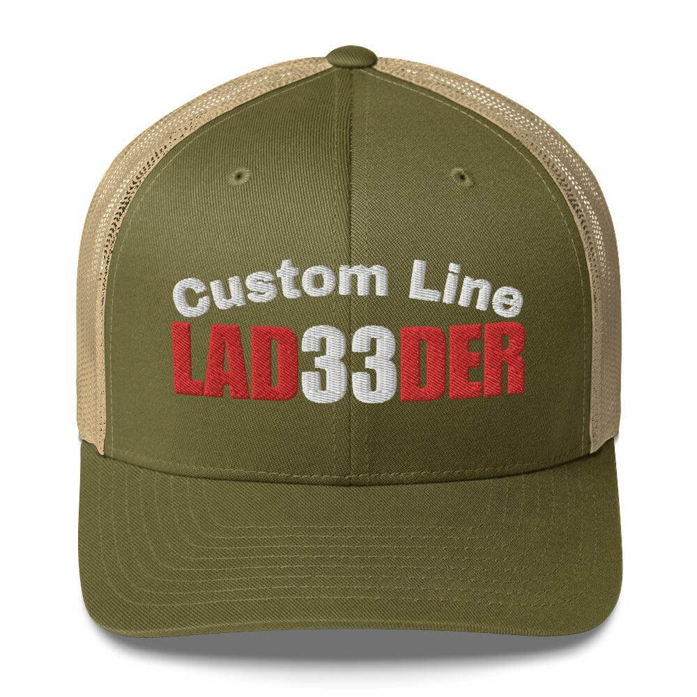 Custom Line trucker cap for firefighters, featuring mesh back and structured design, ideal firefighter apparel and gifts.