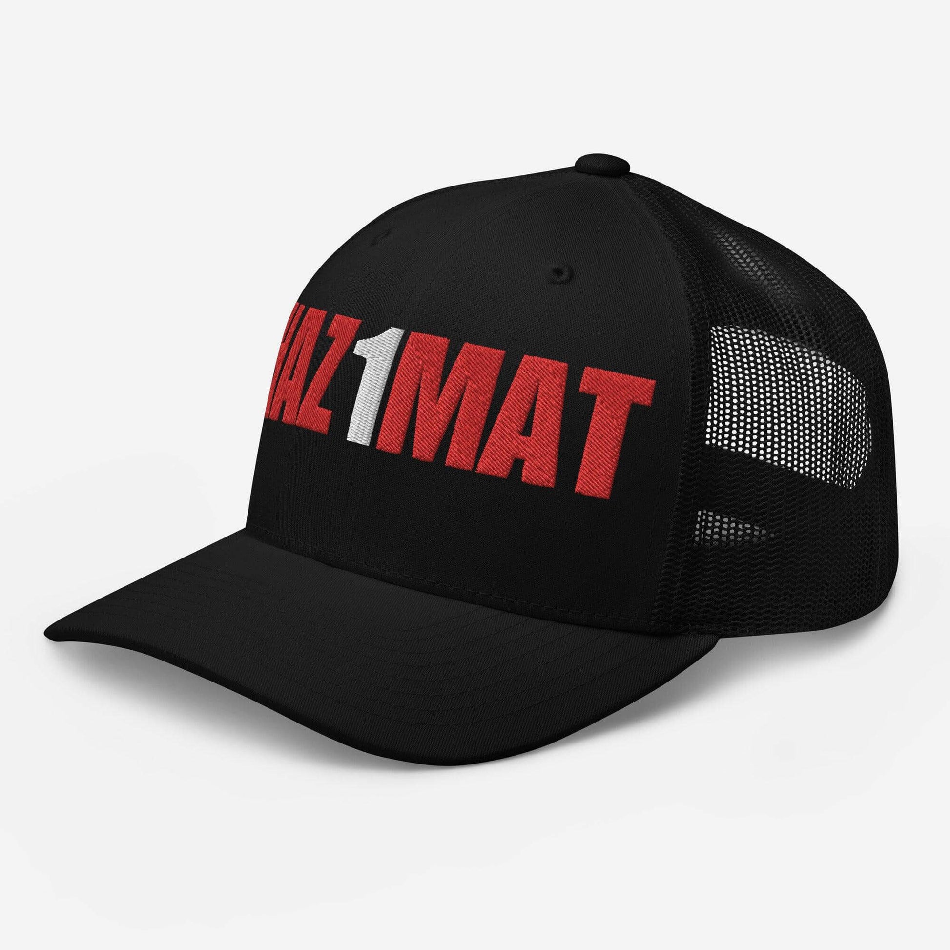 Black trucker cap with "HAZMAT" embroidered in red and white, perfect for firefighter gear and gifts.