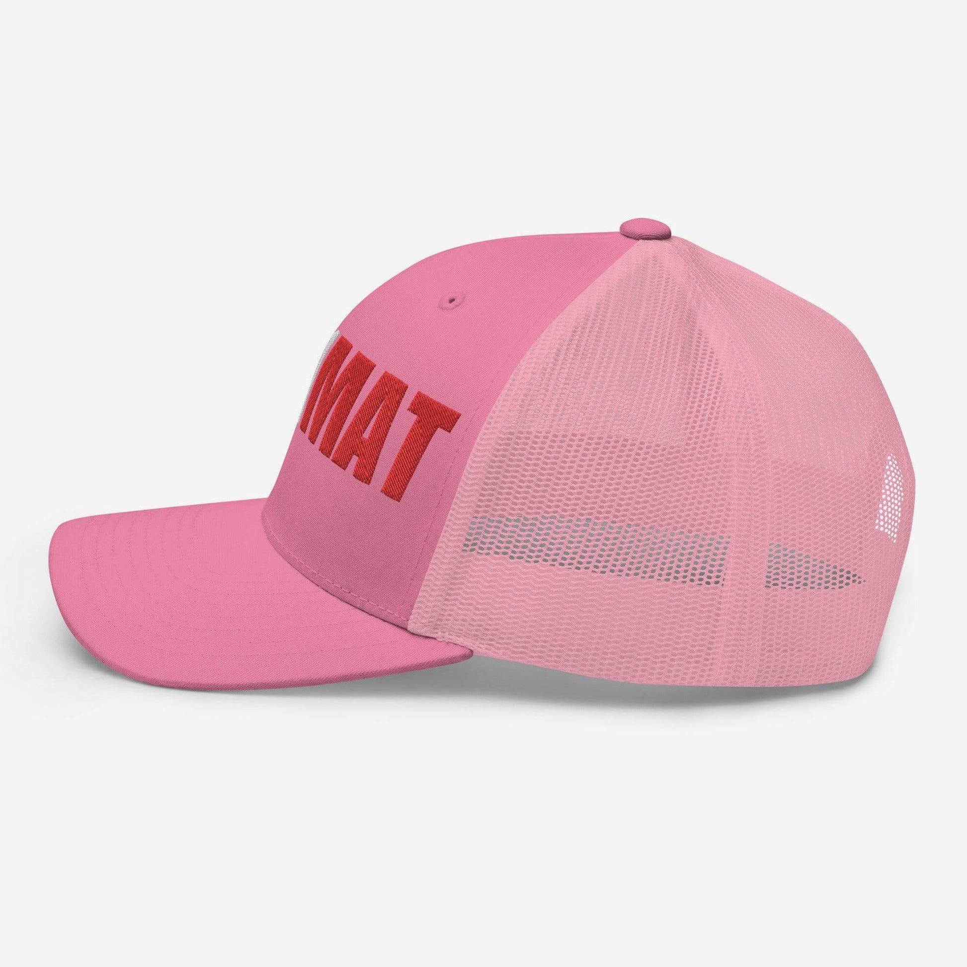 Pink trucker cap with mesh back and bold red text, perfect for firefighter gifts and apparel. Ideal for sunny days.