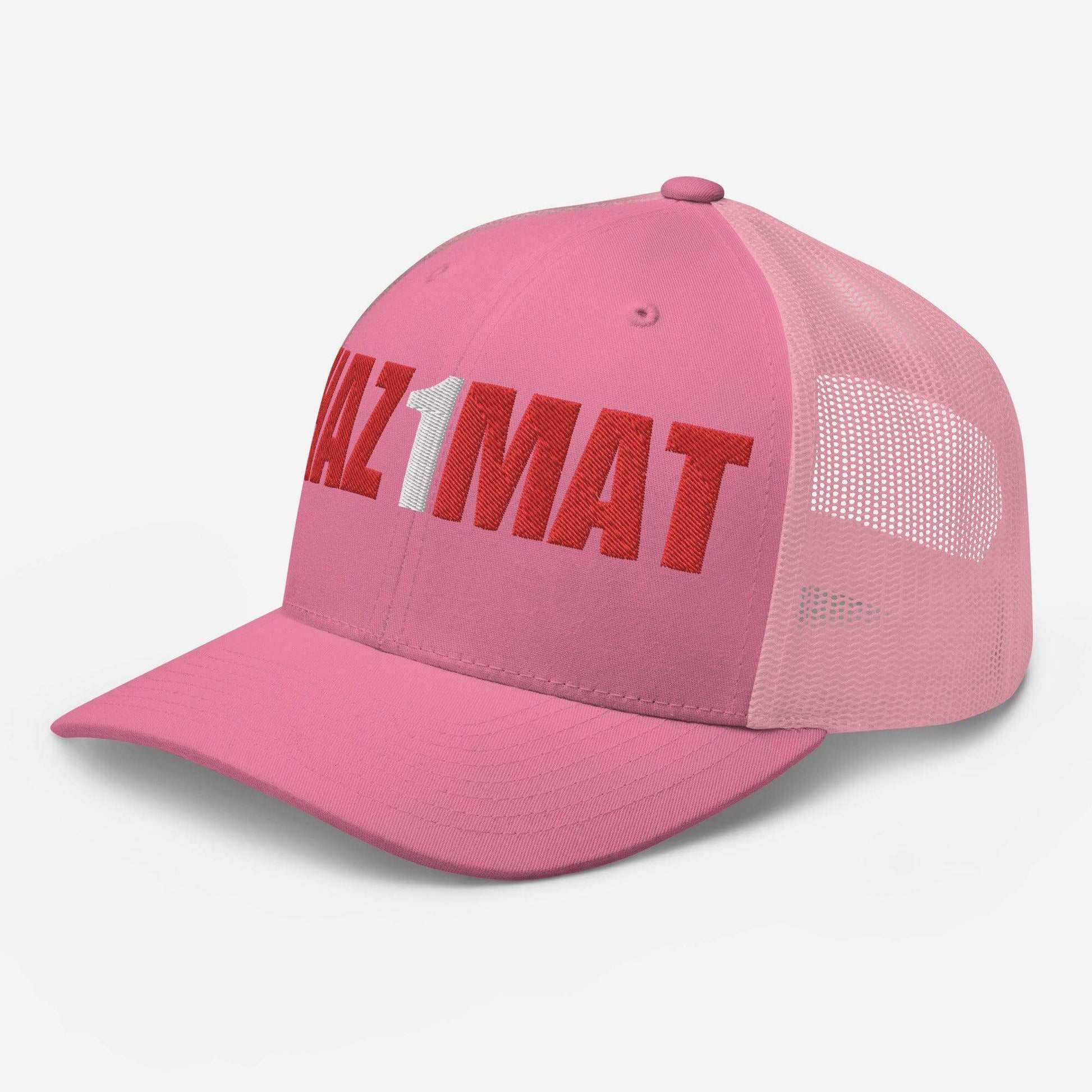 Pink trucker cap with mesh back, perfect for firefighter apparel and gifts, featuring bold lettering for style.