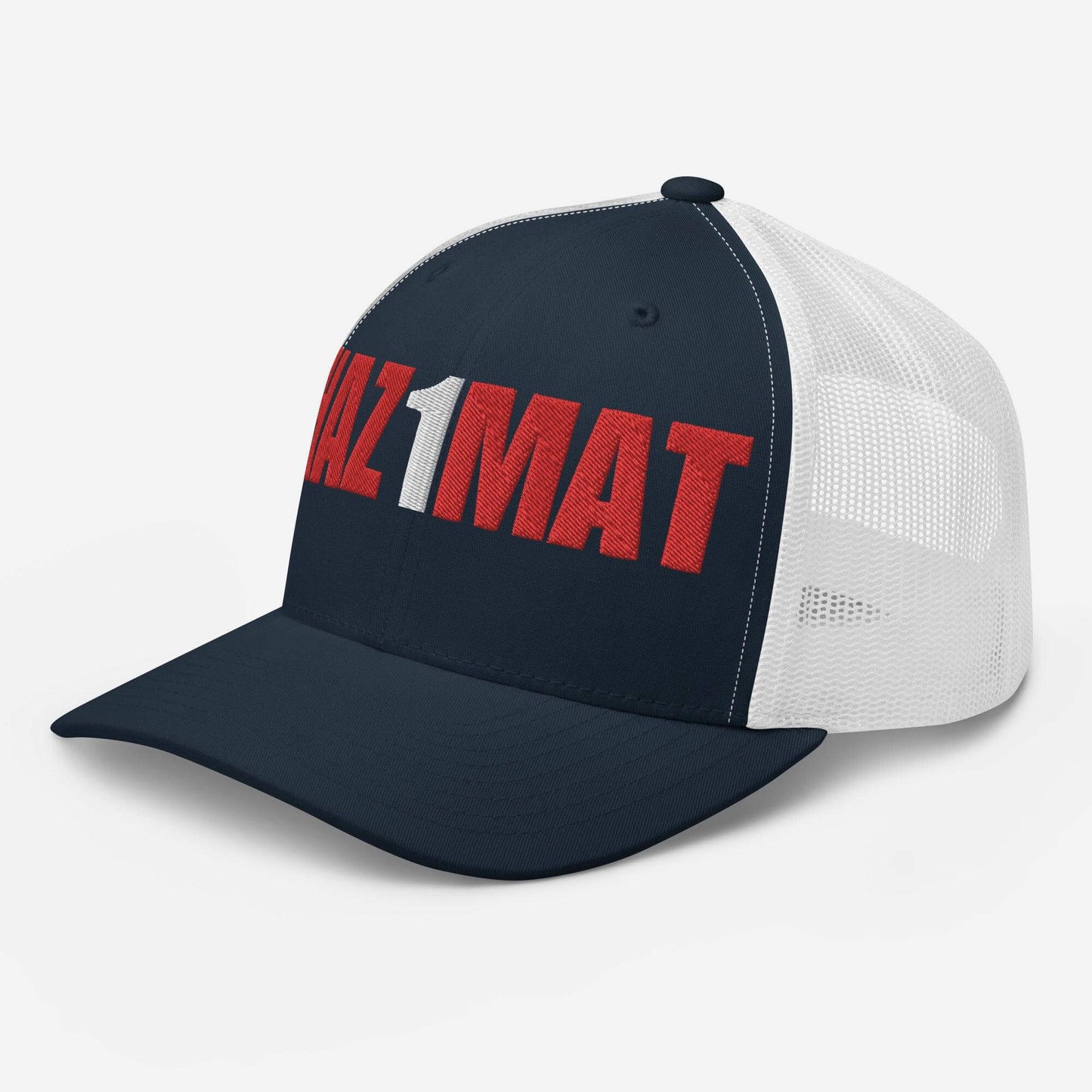 Navy trucker cap with red "HAZMAT" design, perfect for firefighters and outdoor activities. Ideal firefighter gifts and gear.