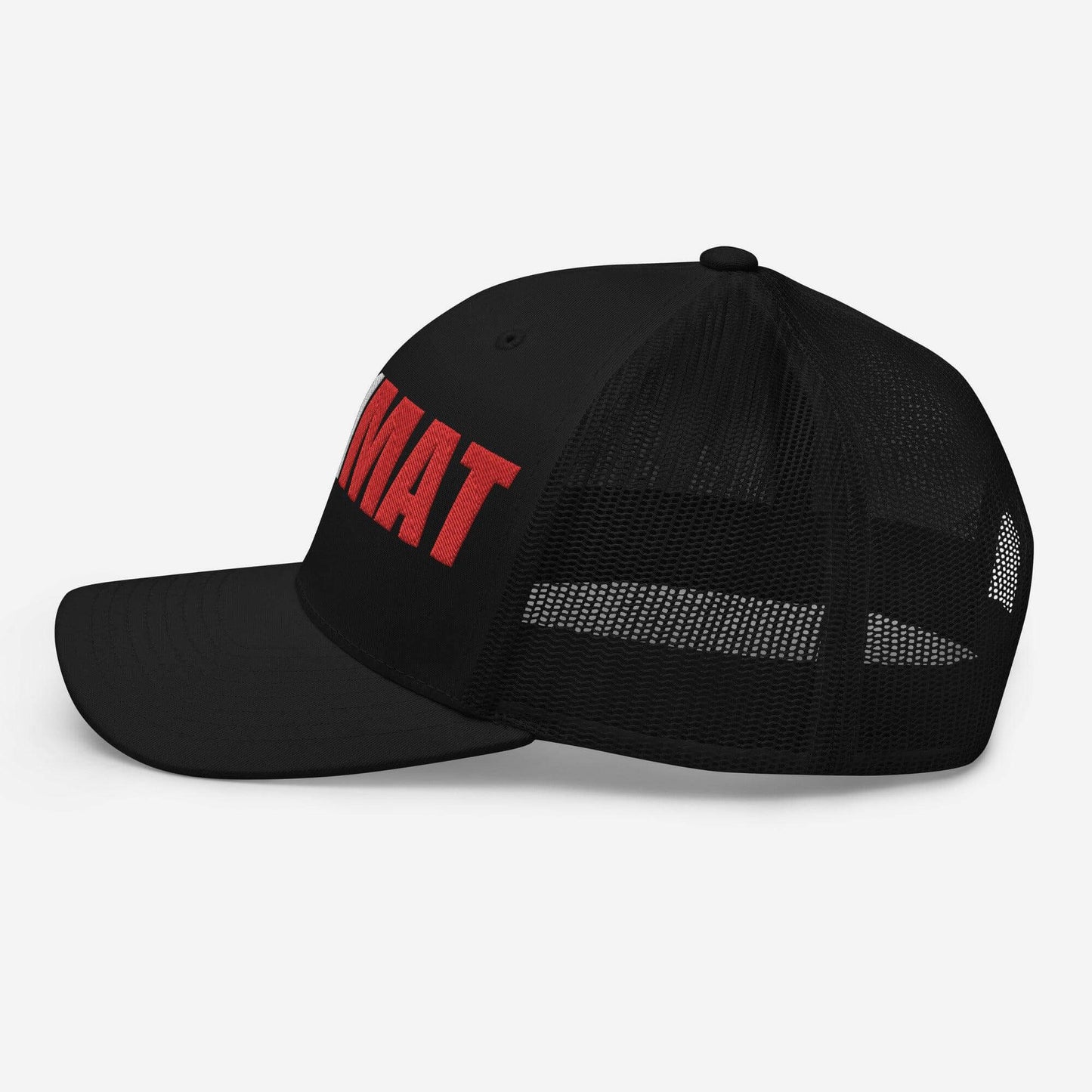 Black six-panel trucker cap with a mesh back, featuring bold "FIREMAT" text, ideal for firefighter gifts and apparel.