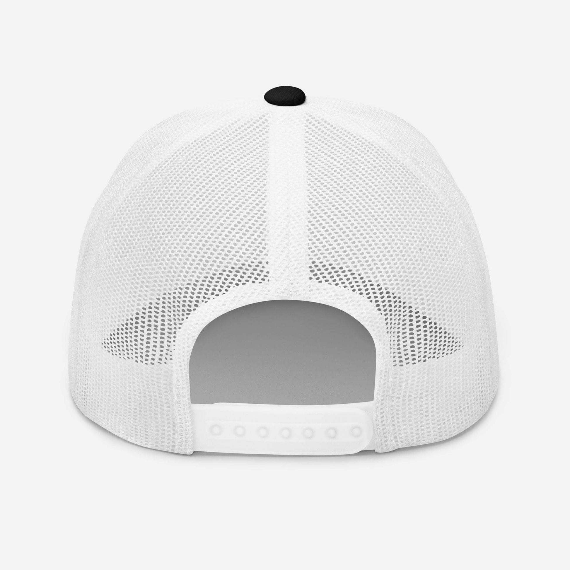 Back view of a white trucker cap with a mesh design and adjustable plastic closure, ideal for firefighter apparel.