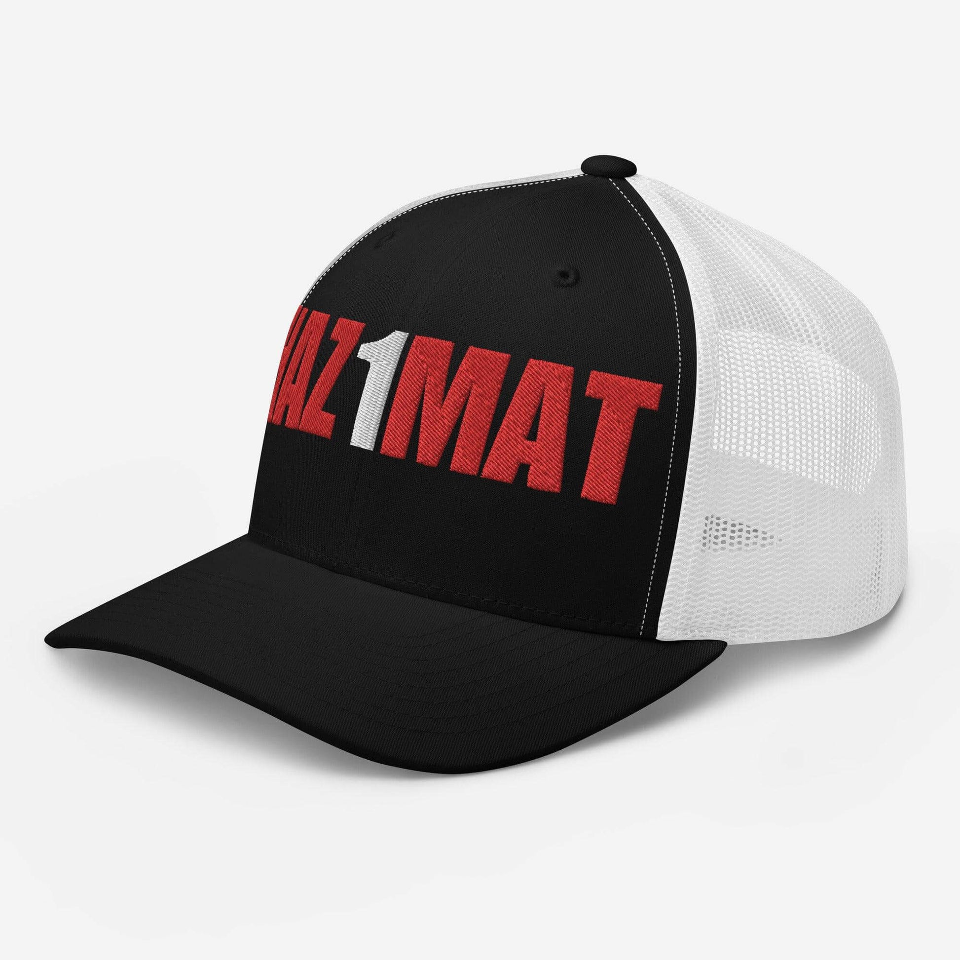 Black and white trucker cap with red "HAZMAT" lettering, ideal for firefighter gifts and apparel.