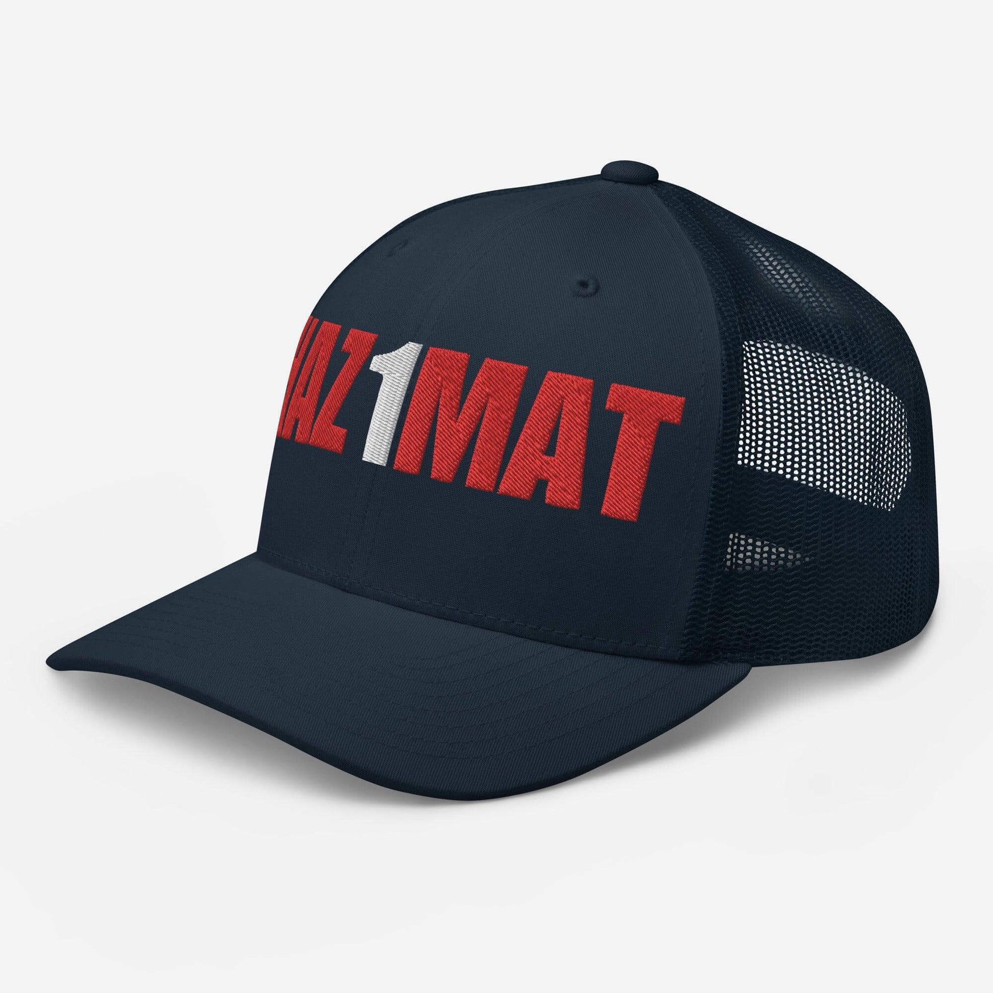 Black trucker cap with bold 'HAZMAT' logo, perfect for firefighter gear and gifts for firehouse apparel enthusiasts.