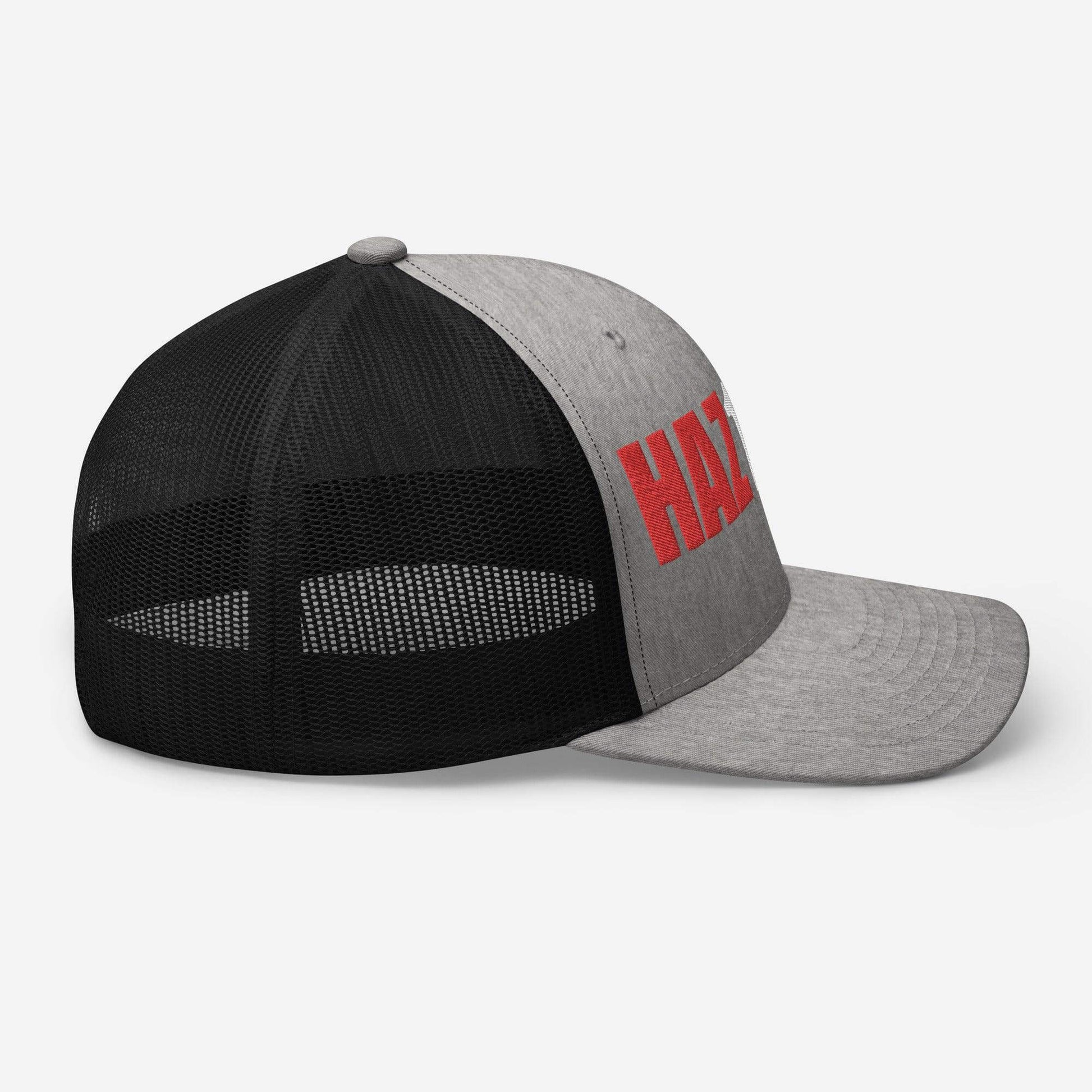 Side view of a trucker cap with a grey front and black mesh back, featuring "HAZ" embroidered in red, ideal firefighter apparel.